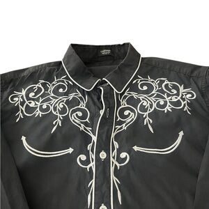 Embroidered Western Button Up Shirt Black White Small